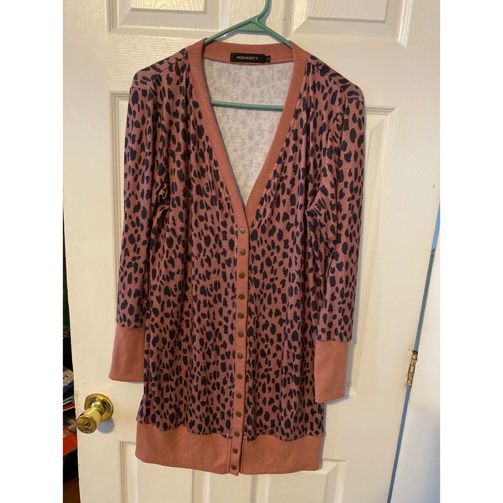 Merokeety Womens Mauve Leopard Print Longline Button Down Cardigan Sweater L